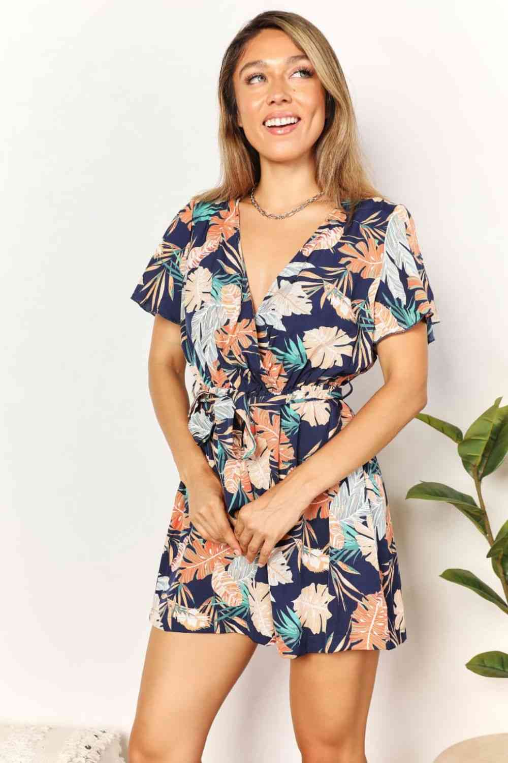 Double Take Botanical Print Surplice Neck Tie Waist Romper - AllIn Computer