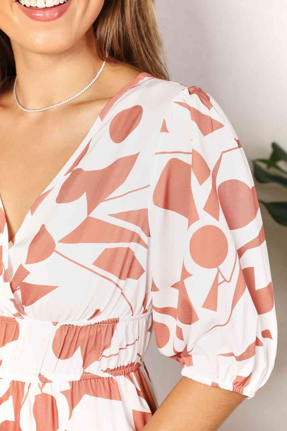Double Take Printed Surplice Balloon Sleeve Dress - AllIn Computer