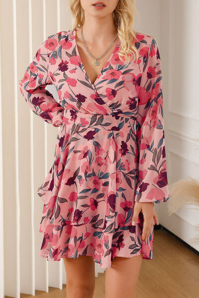 Printed Surplice Balloon Sleeve Mini Dress - AllIn Computer
