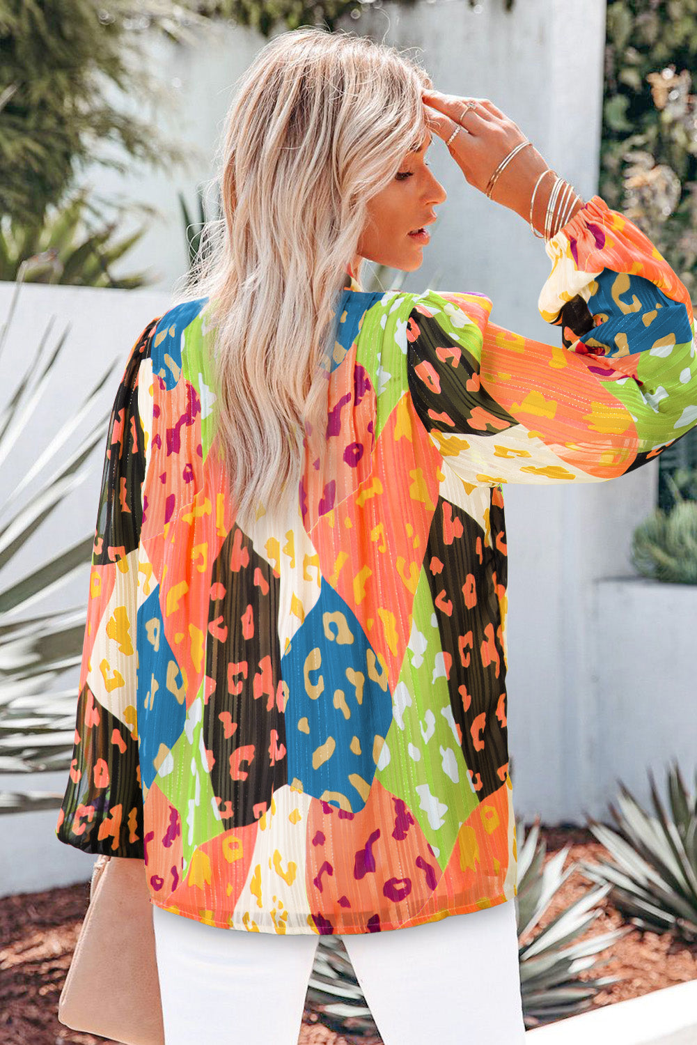 Printed Notched Long Sleeve Blouse - AllIn Computer