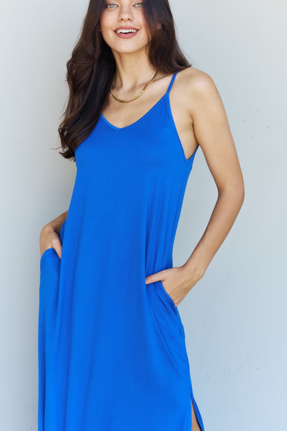 Ninexis Good Energy Full Size Cami Side Slit Maxi Dress in Royal Blue - AllIn Computer
