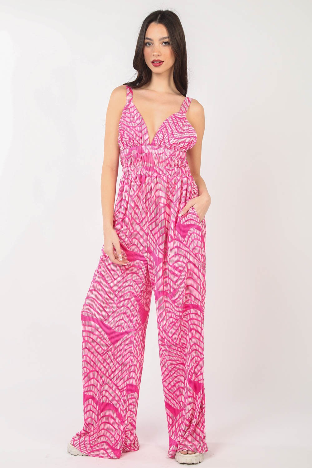 VERY J Printed Pleated Sleeveless Wide Leg Jumpsuit - AllIn Computer