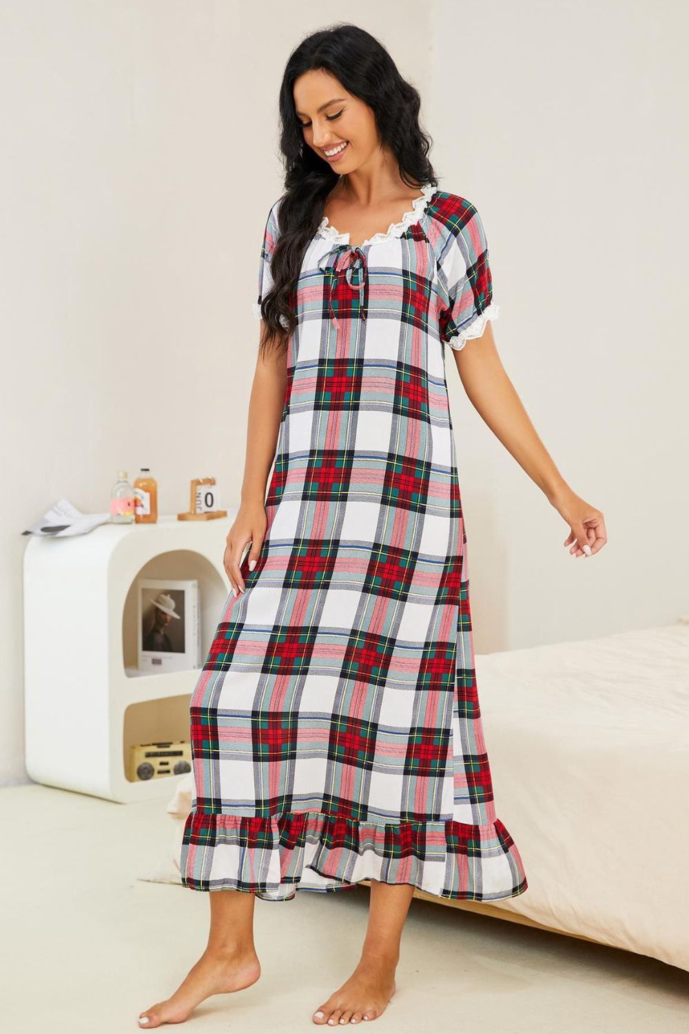 Plaid Lace Trim Ruffle Hem Night Dress - AllIn Computer
