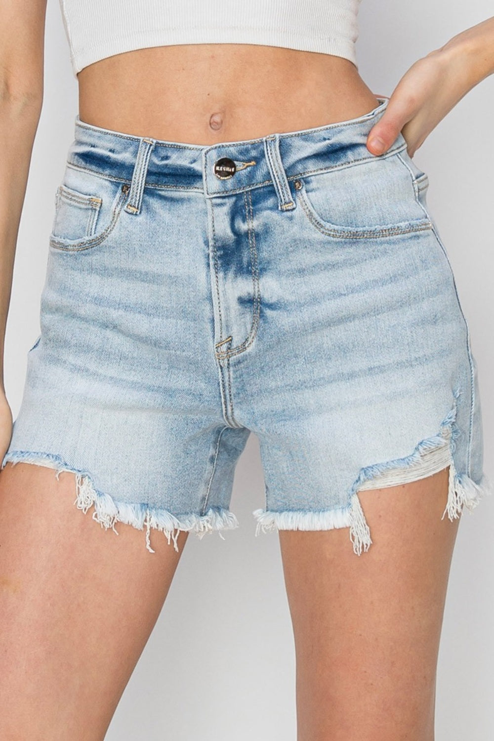 RISEN High Waist Frayed Detail Denim Shorts - AllIn Computer