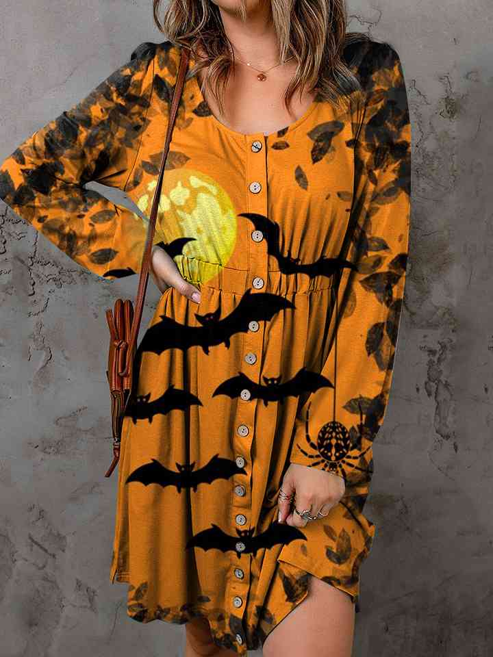 Full Size Halloween Theme Round Neck Long Sleeve Magic Dress - AllIn Computer