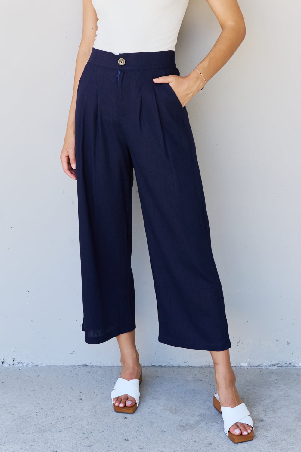 And The Why In The Mix Full Size Pleated Detail Linen Pants in Dark Navy - AllIn Computer