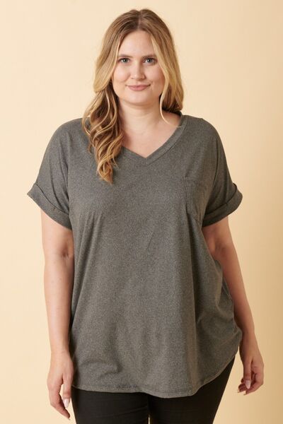 Mittoshop Full Size V-Neck Rolled Short Sleeve T-Shirt - AllIn Computer
