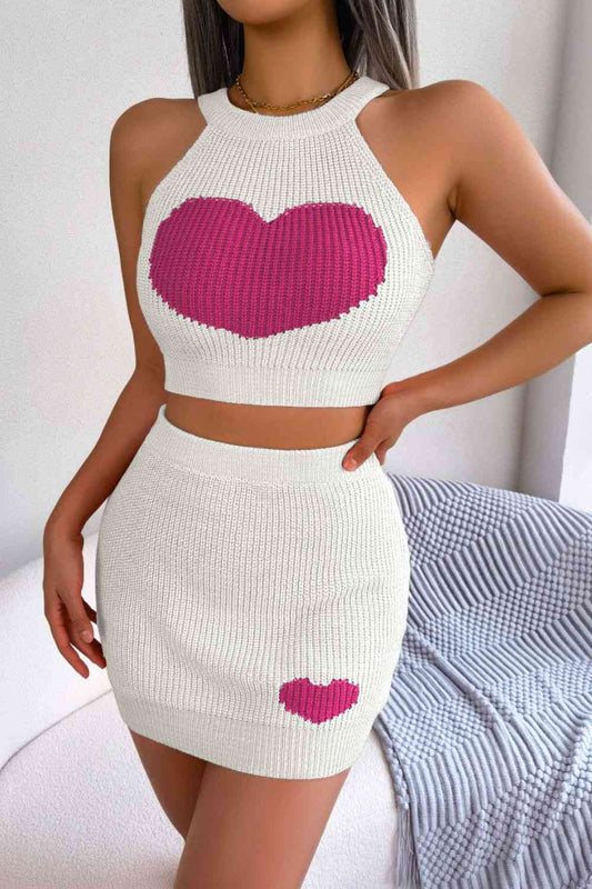 Heart Contrast Ribbed Sleeveless Knit Top and Skirt Set - AllIn Computer