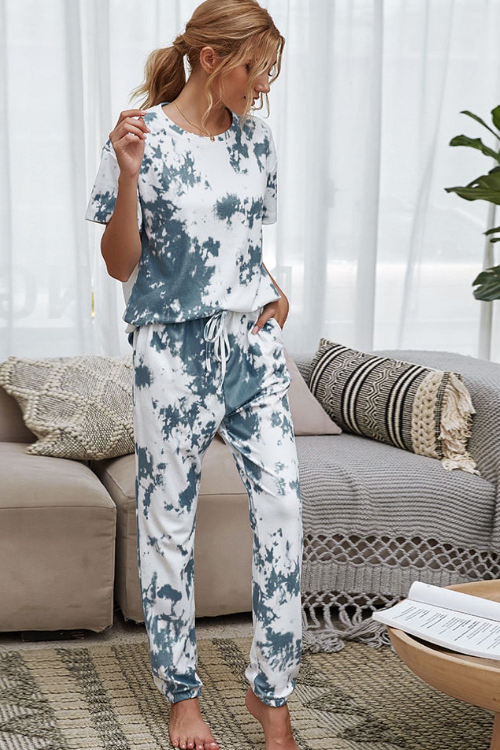 Tie-Dye Tee and Drawstring Waist Joggers Lounge Set - AllIn Computer