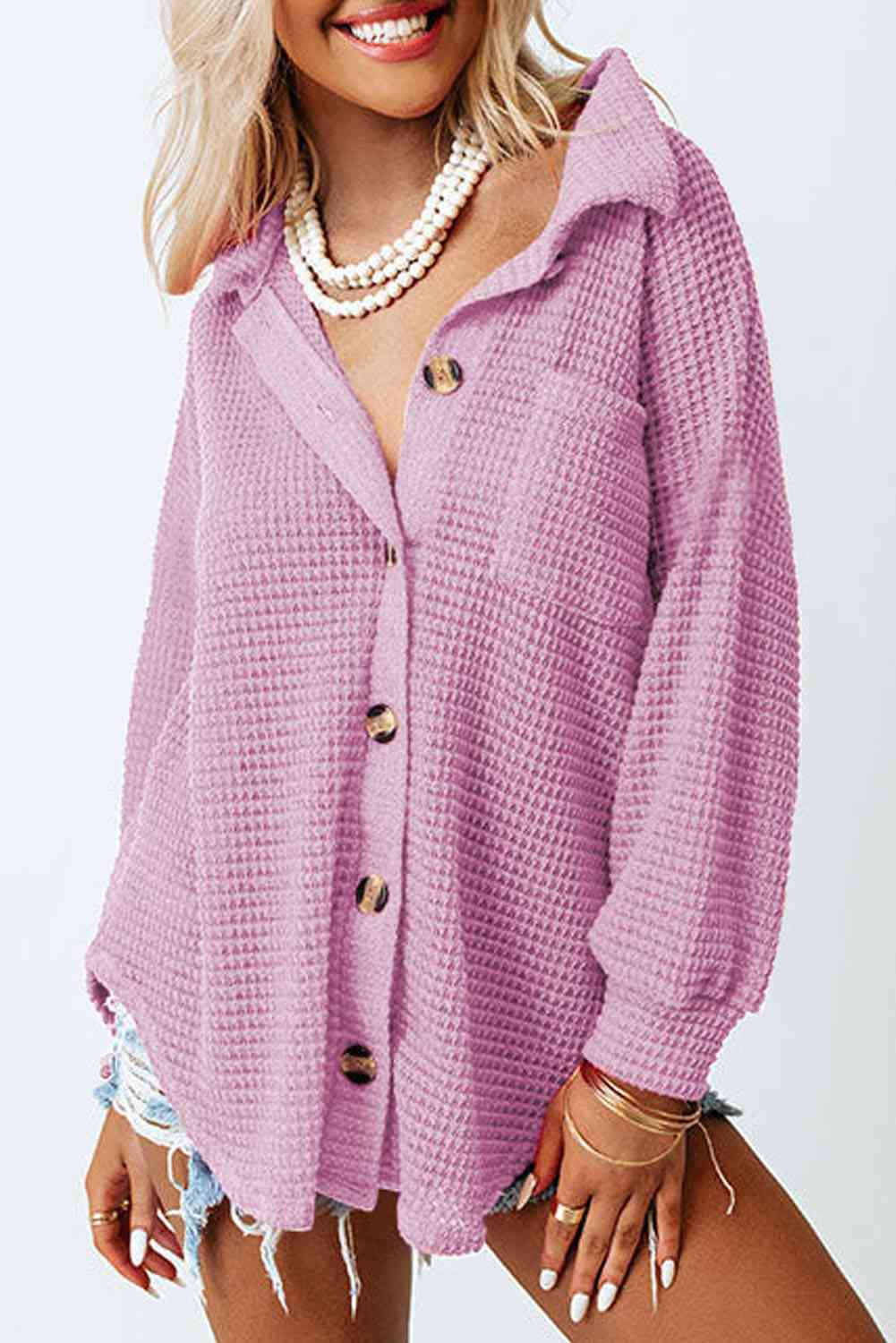 Waffle-Knit Button Up Long Sleeve Shirt with Pocket - AllIn Computer