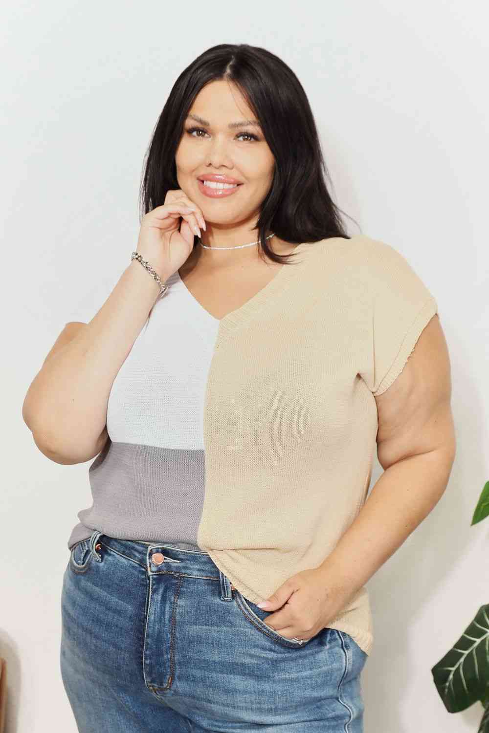 Double Take Color Block V-Neck Knit Top - AllIn Computer