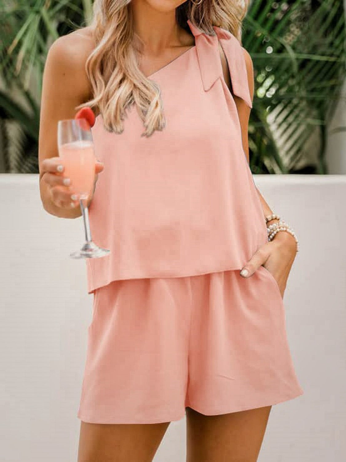 Single Shoulder Top and Pocketed Shorts Set - AllIn Computer