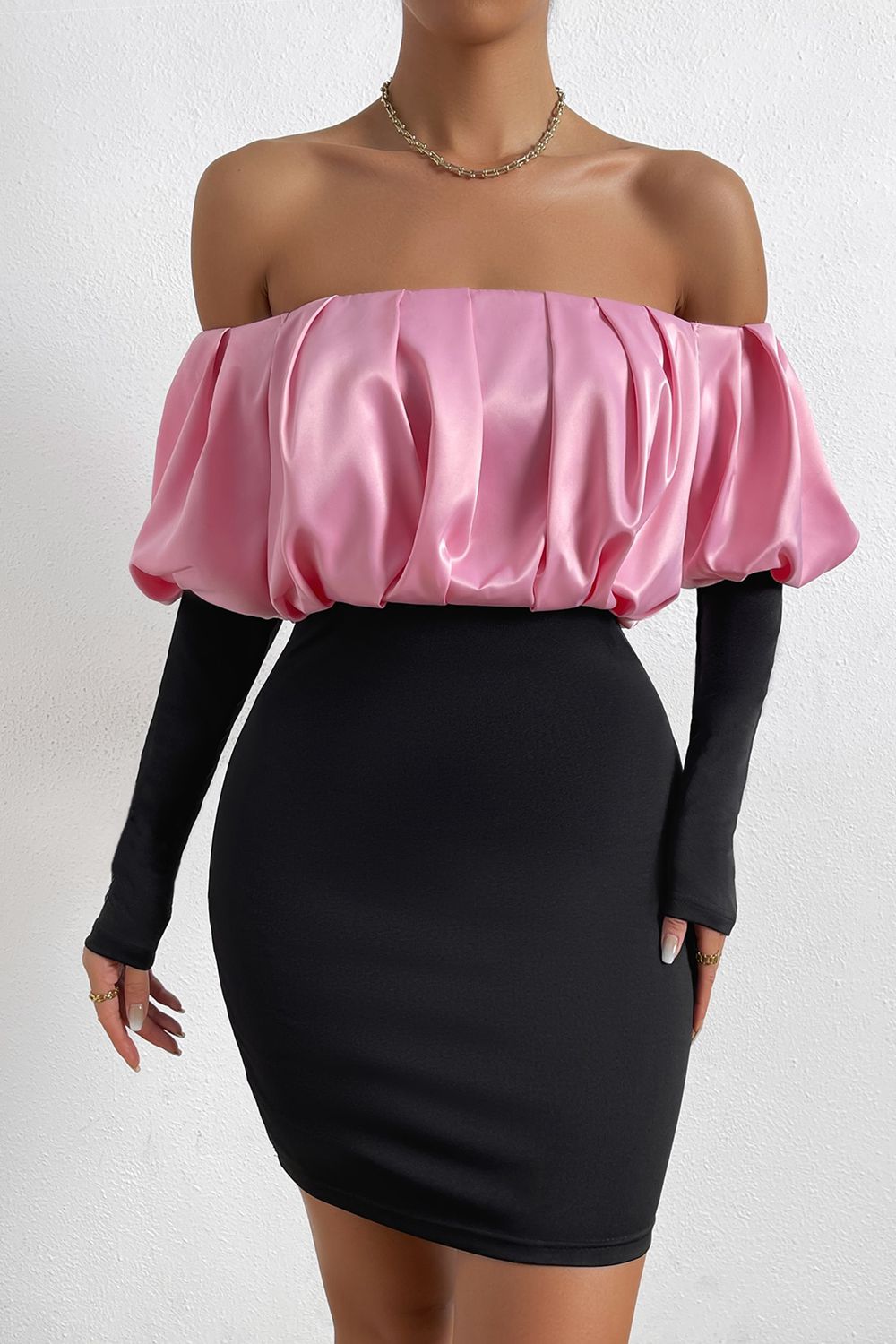 Off-Shoulder Puff Sleeve Mini Pencil Dress - AllIn Computer