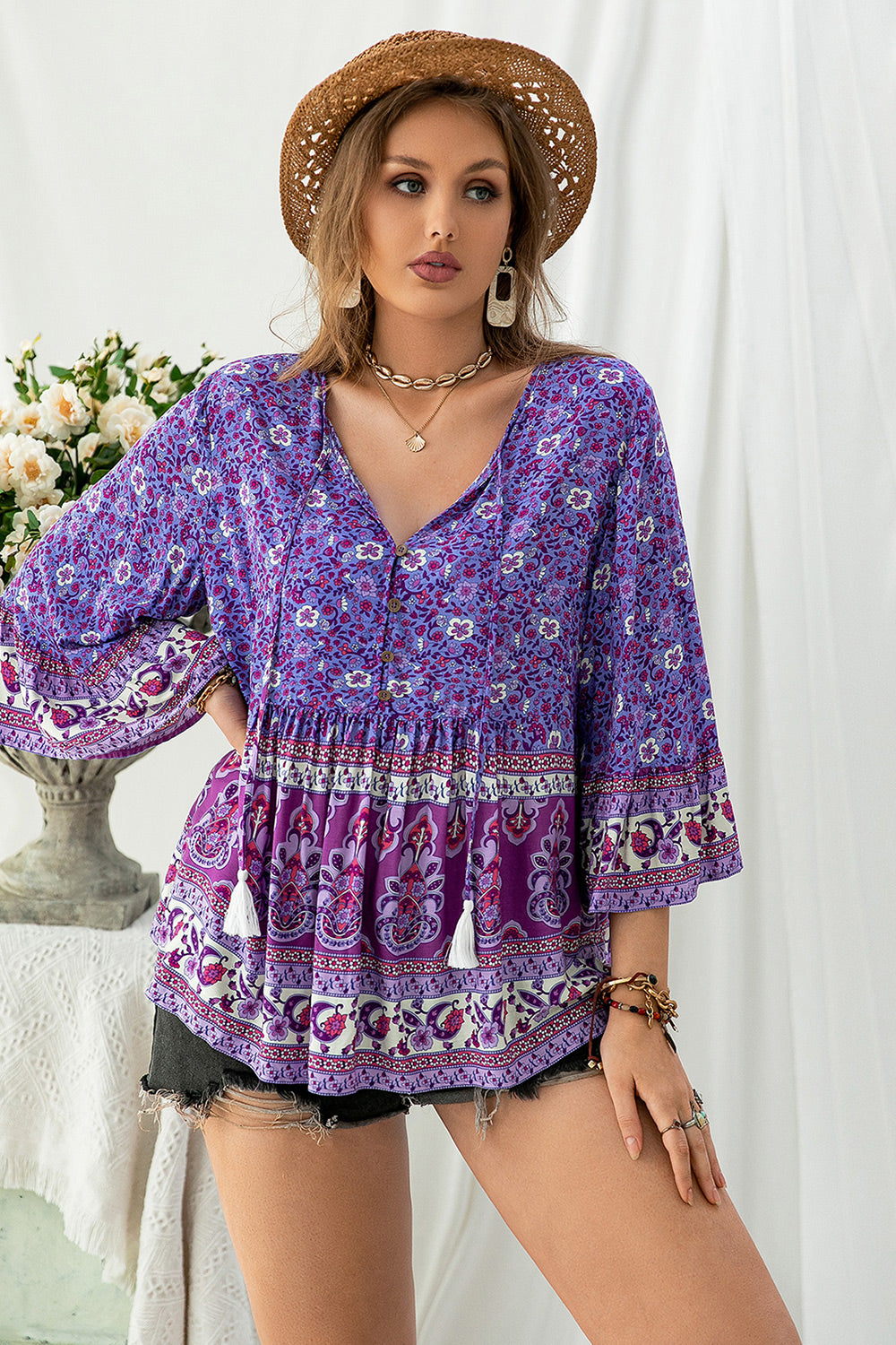 Plus Size Floral Tassel Tie Blouse - AllIn Computer