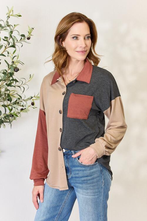 Heimish Full Size Color Block Button Down Shacket - AllIn Computer