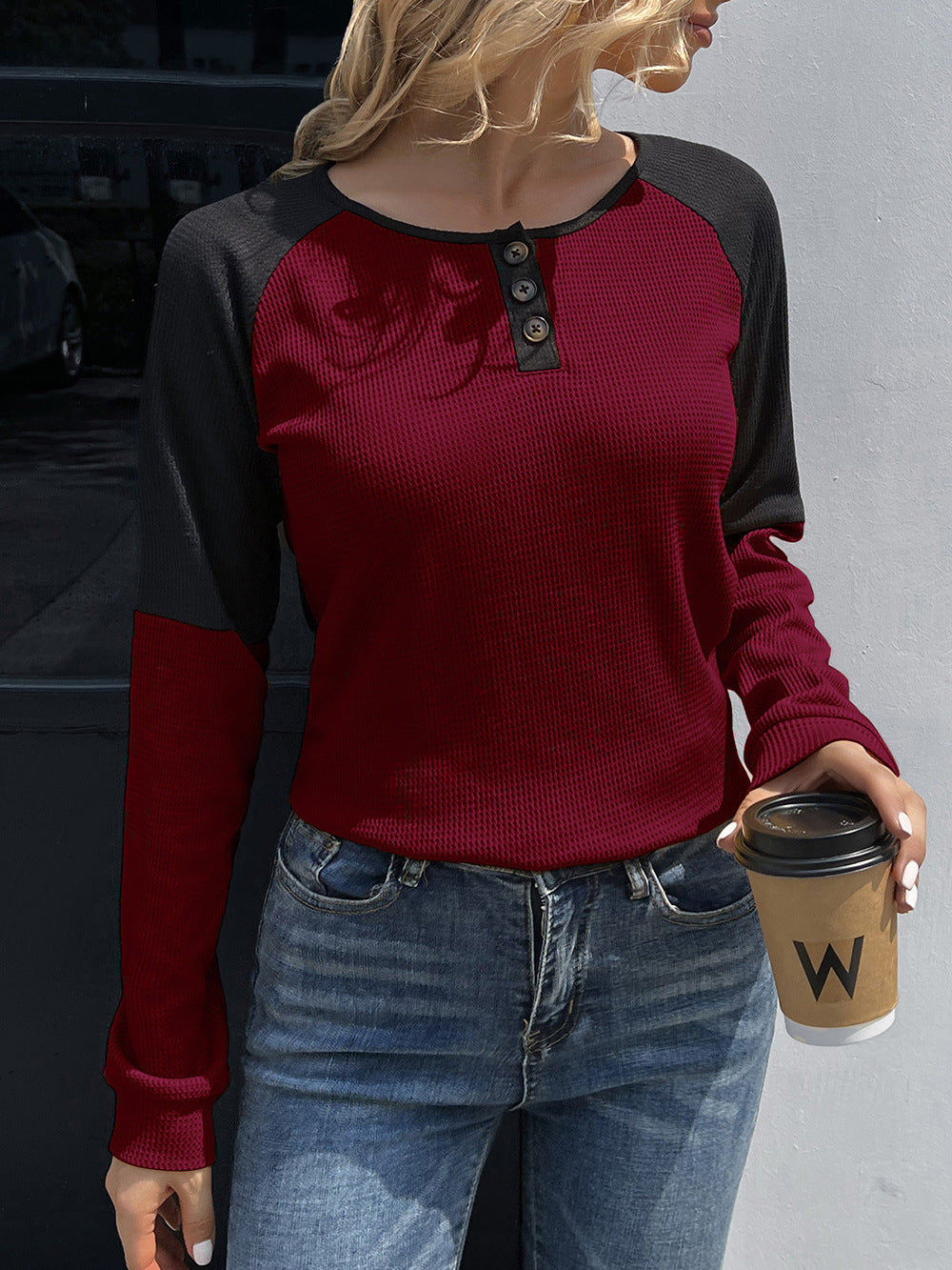 Contrast Buttoned Round Neck Raglan Sleeve Top - AllIn Computer