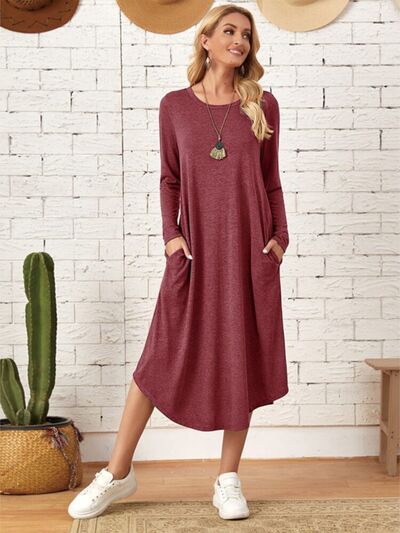 Pocketed Round Neck Long Sleeve Tee Dress - AllIn Computer
