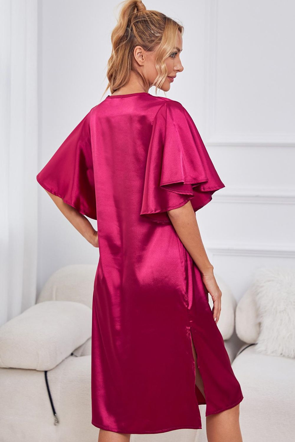 Satin Flutter Sleeve Side Slit V-Neck Night Dress - AllIn Computer