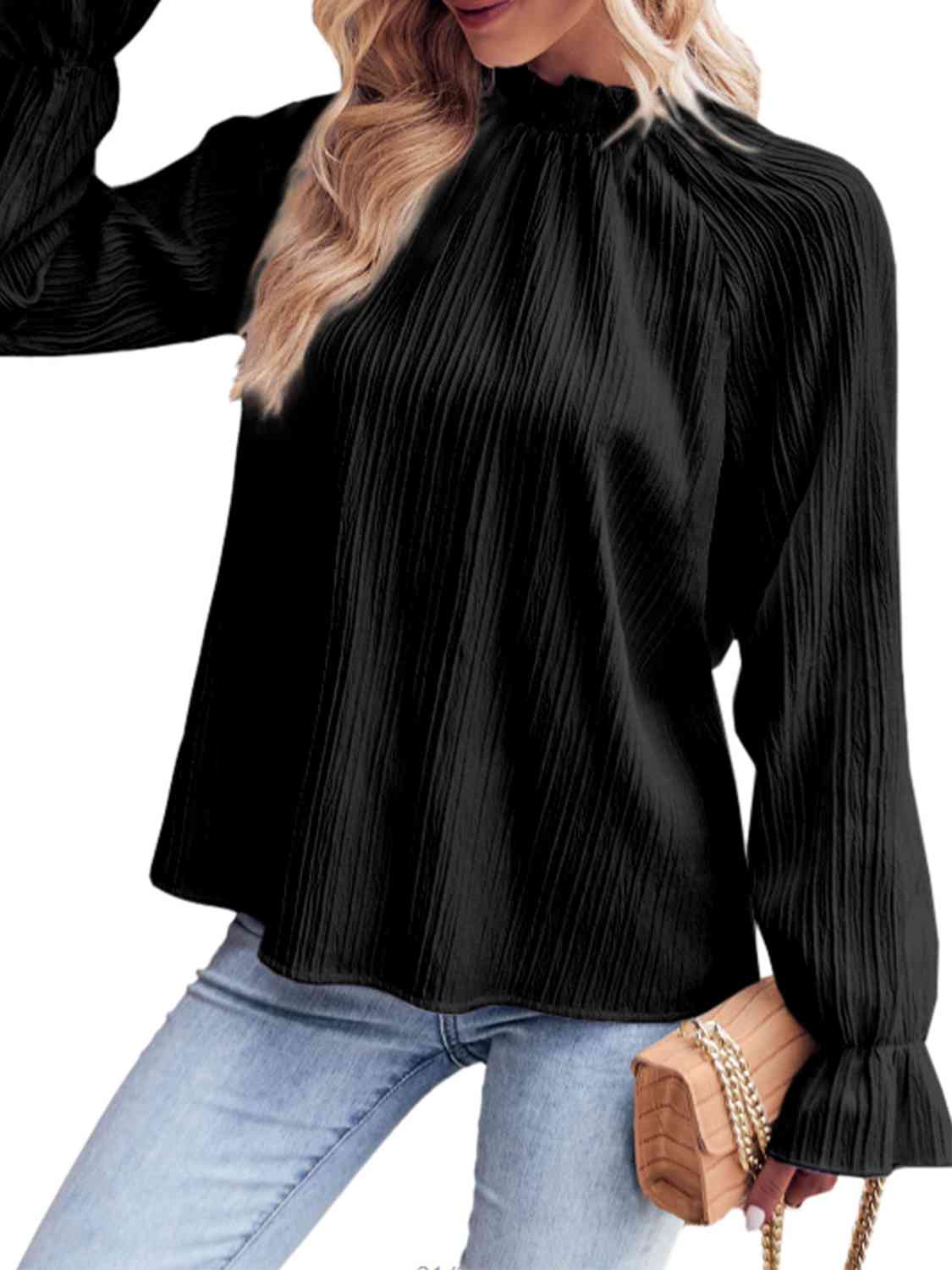 Ribbed Flounce Sleeve Blouse - AllIn Computer