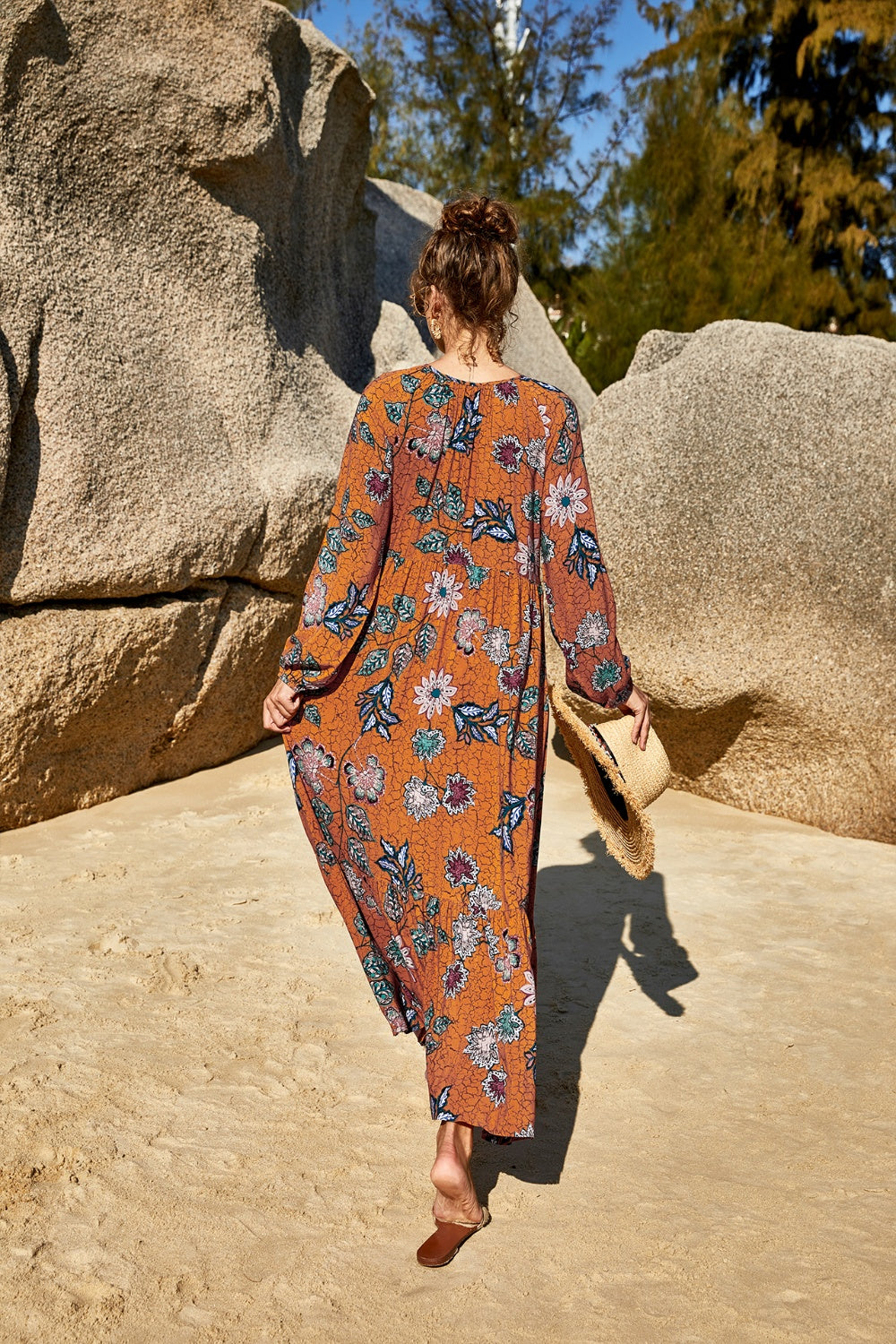 Printed Tie Neck Long Sleeve Dress - AllIn Computer