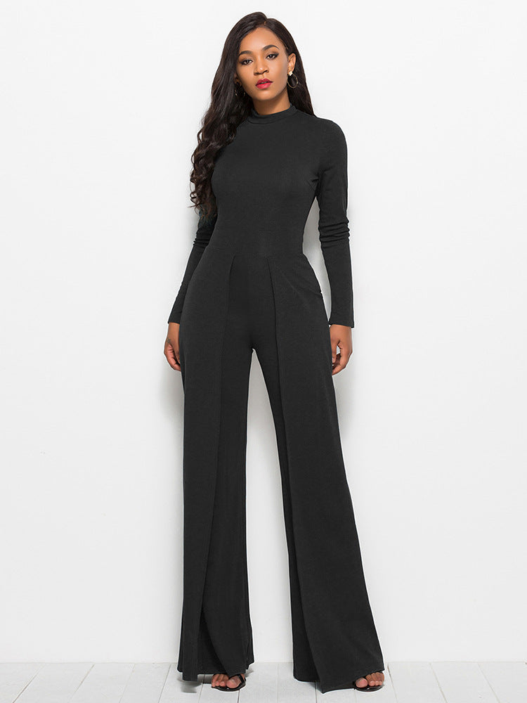 Long Sleeve Mock Neck Wide Leg Jumpsuit - AllIn Computer