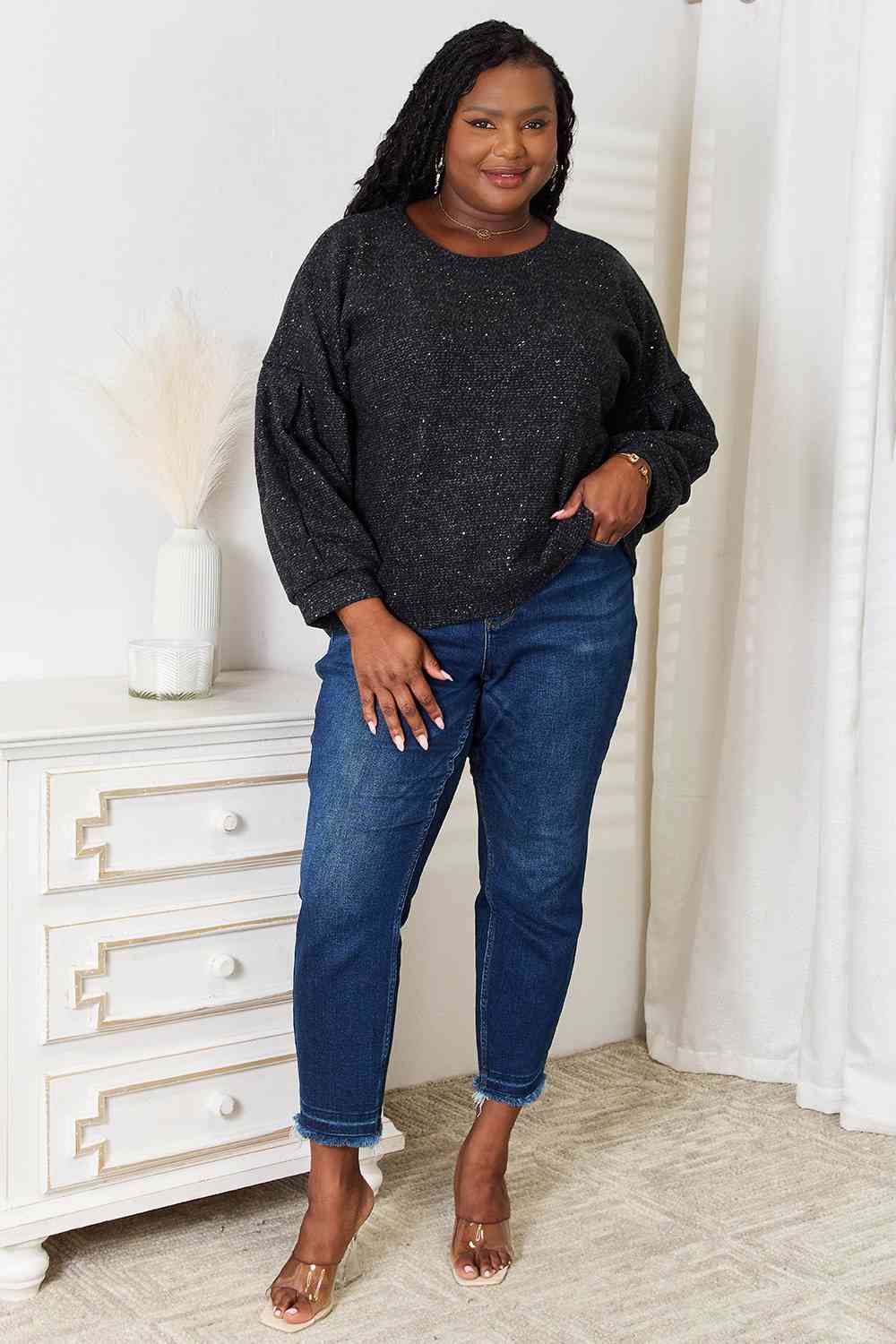Jade By Jane Full Size Boat Neck Glitter Long Sleeve Top - AllIn Computer