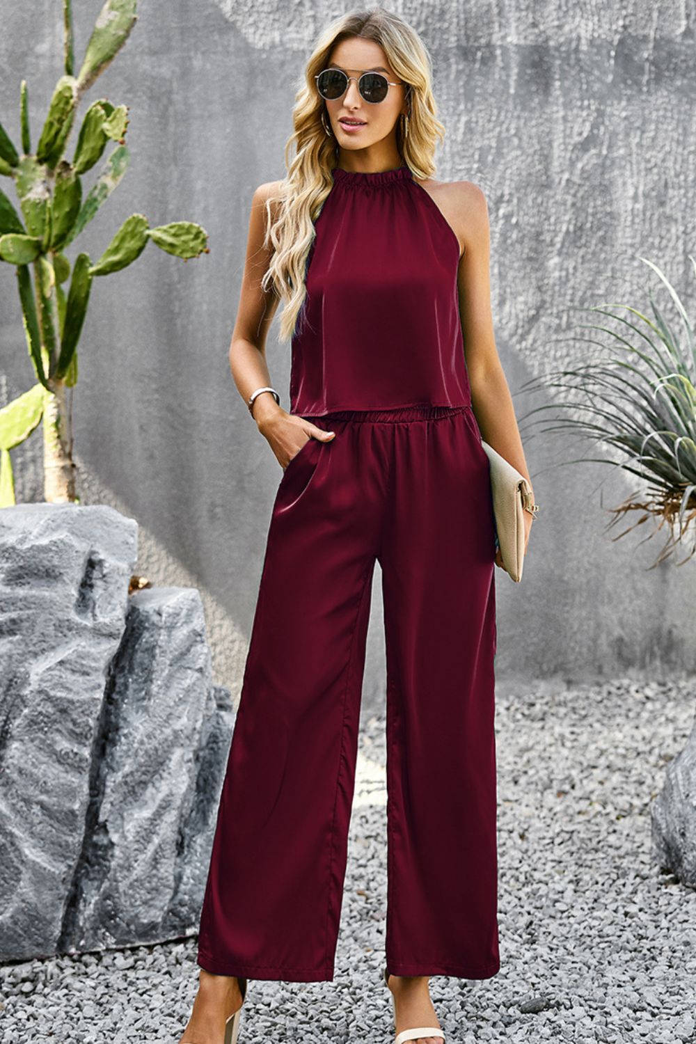 Grecian Neck Sleeveless Pocketed Top and Pants Set - AllIn Computer