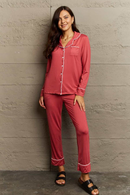 Full Size Buttoned Collared Neck Top and Pants Pajama Set - AllIn Computer