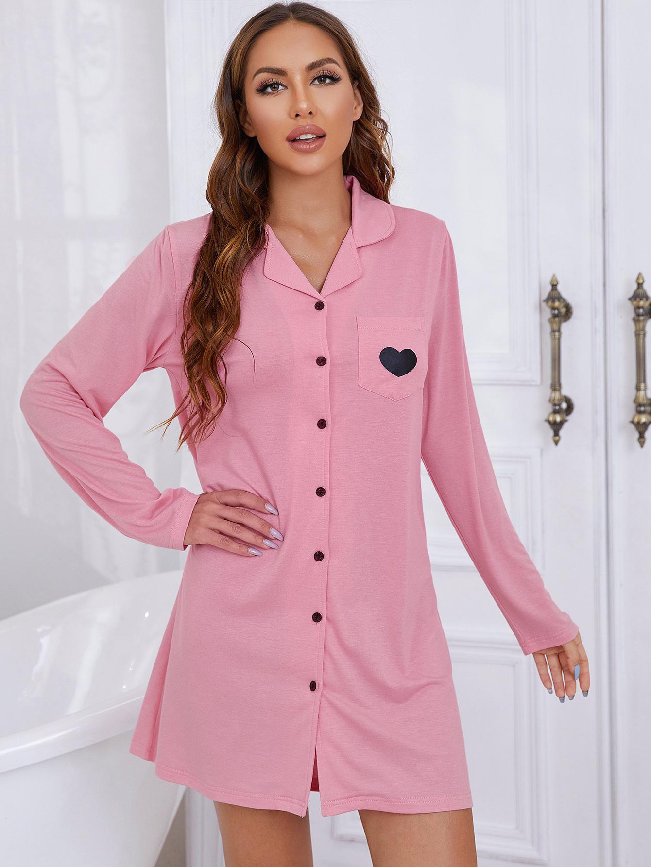 Heart Graphic Lapel Collar Long Sleeve Night Dress - AllIn Computer