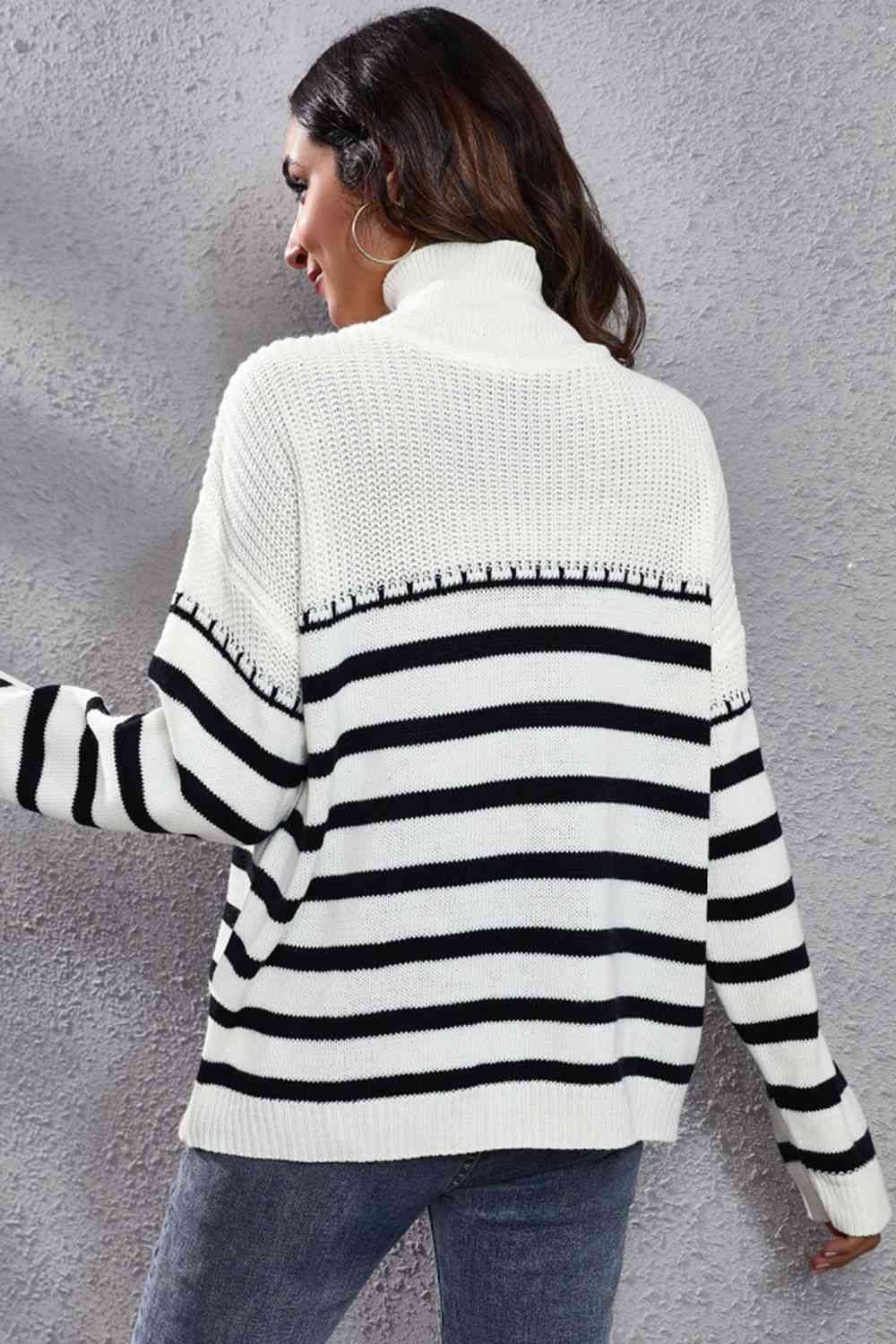 Striped Turtleneck Drop Shoulder Sweater - AllIn Computer