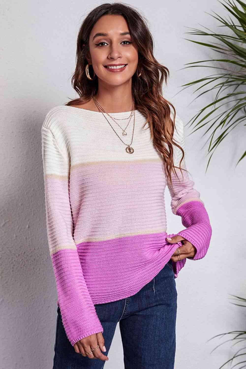 Color Block Horizontal Ribbing Sweater - AllIn Computer