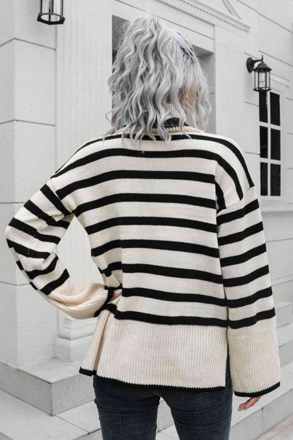 Striped Turtleneck Drop Shoulder Sweater - AllIn Computer