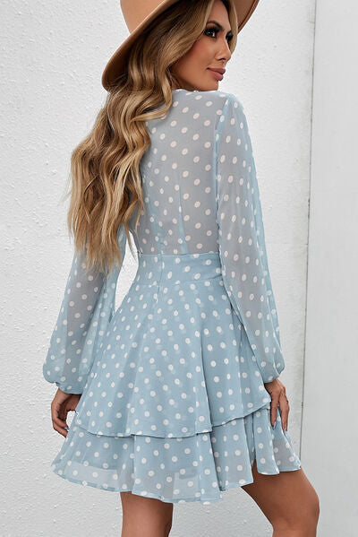 Tied Layered Polka Dot Balloon Sleeve Dress - AllIn Computer