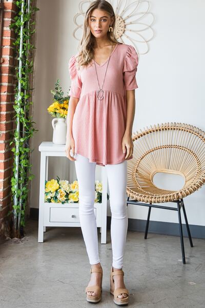 Heimish Full Size Waffle Knit V-Neck Babydoll Top - AllIn Computer