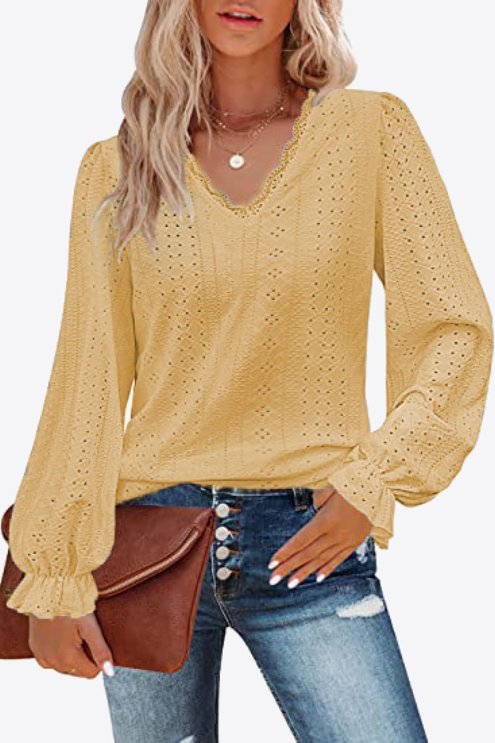 Eyelet V-Neck Flounce Sleeve Blouse - AllIn Computer