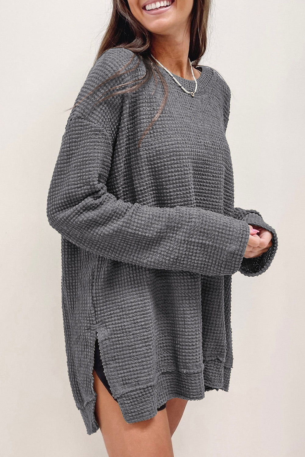 Waffle-Knit Round Neck Long Sleeve Sweatshirt - AllIn Computer