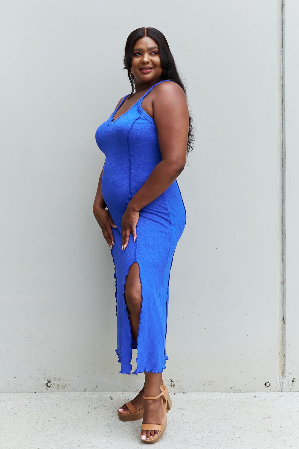 Culture Code Look At Me Full Size Notch Neck Maxi Dress with Slit in Cobalt Blue - AllIn Computer