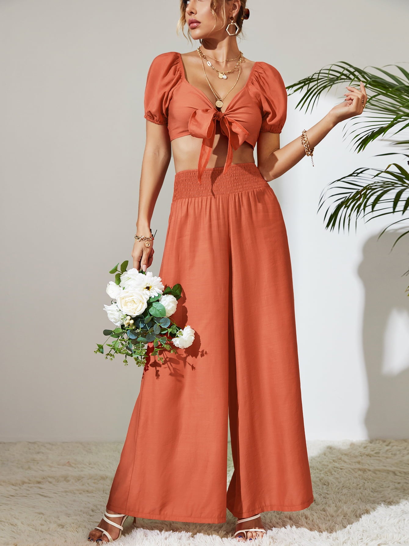 Tie Front Cropped Top and Smocked Wide Leg Pants Set - AllIn Computer