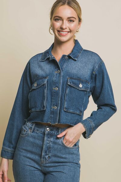LOVE TREE Raw Hem Button Up Cropped Denim Jacket - AllIn Computer