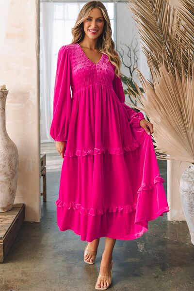 Frill V-Neck Balloon Sleeve Tiered Dress - AllIn Computer