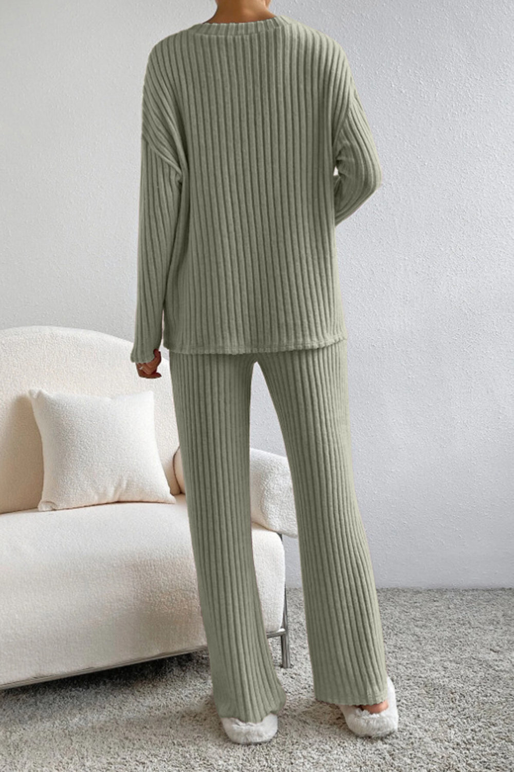 Ribbed V-Neck Top and Pants Set - AllIn Computer