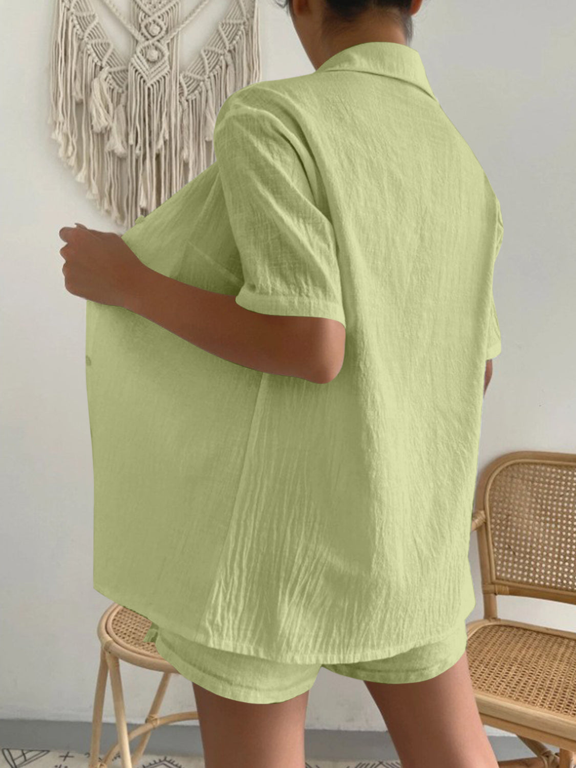 Button Up Short Sleeve Shirt and Drawstring Shorts Set - AllIn Computer