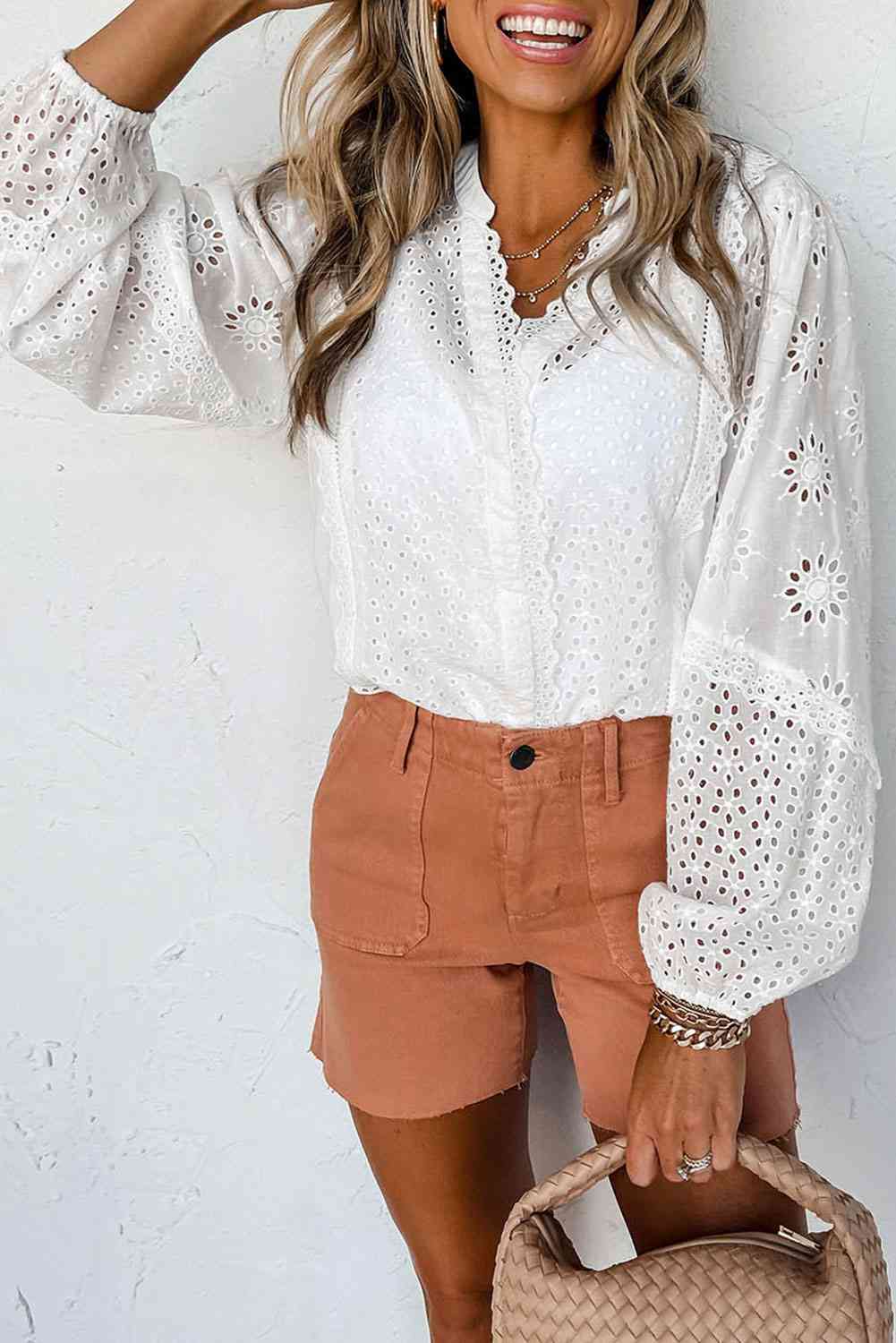 V-Neck Openwork Long Sleeve Blouse - AllIn Computer