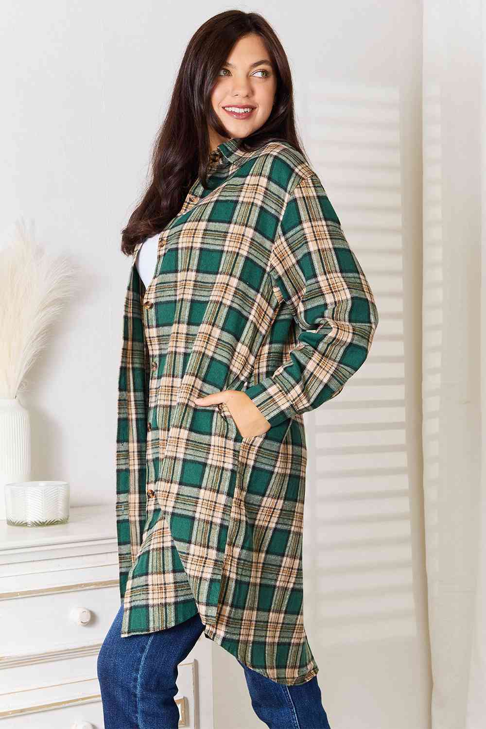 Double Take Plaid Collared Neck Long Sleeve Shirt - AllIn Computer