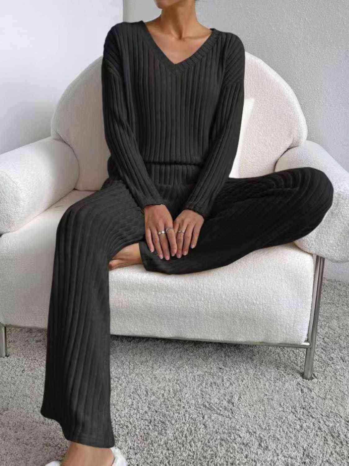 Ribbed V-Neck Long Sleeve Top and Pants Set - AllIn Computer