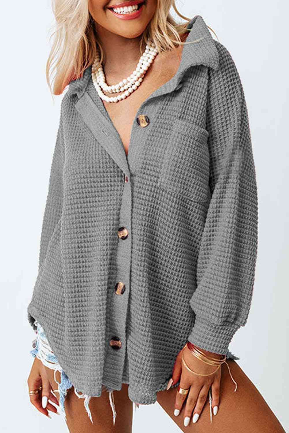 Waffle-Knit Button Up Long Sleeve Shirt with Pocket - AllIn Computer