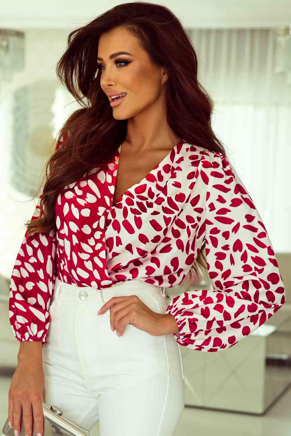 Printed Surplice Neck Long Sleeve Bodysuit - AllIn Computer