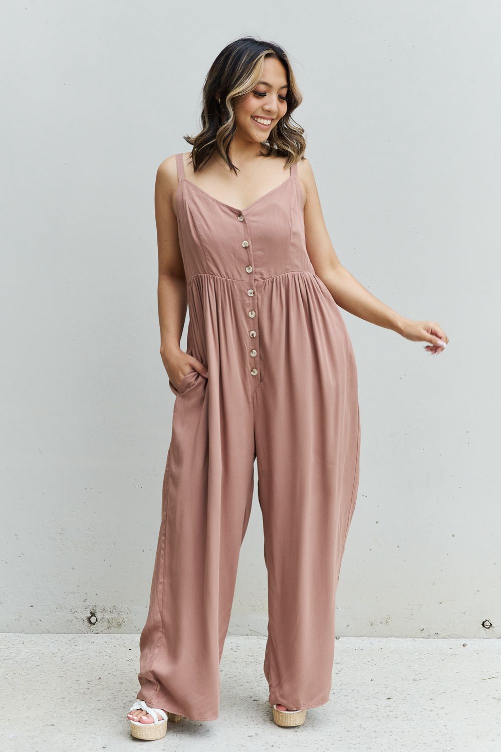 HEYSON All Day Full Size Wide Leg Button Down Jumpsuit in Mocha - AllIn Computer