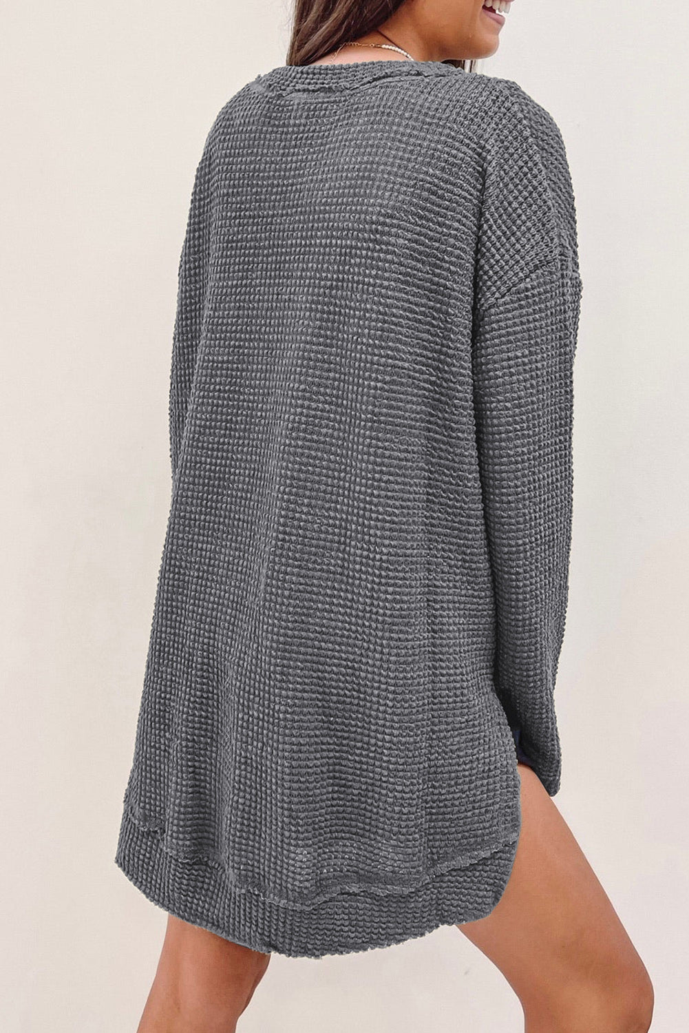 Waffle-Knit Round Neck Long Sleeve Sweatshirt - AllIn Computer