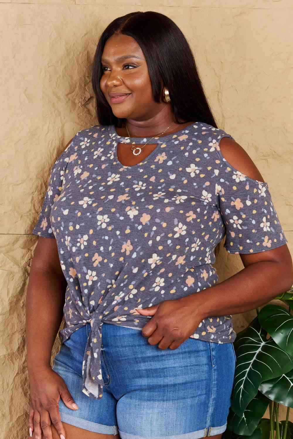 Heimish On My Own Full Size Cold Shoulder Keyhole Floral Print Top - AllIn Computer